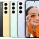 Smartphone Galaxy S23 com várias cores e uma mulher usando óculos de sol, tecnologia avançada.