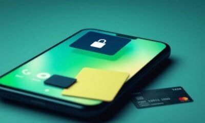 Smartphone com aplicativos de segurança e cartão de crédito na tela, tecnologia móvel moderna.