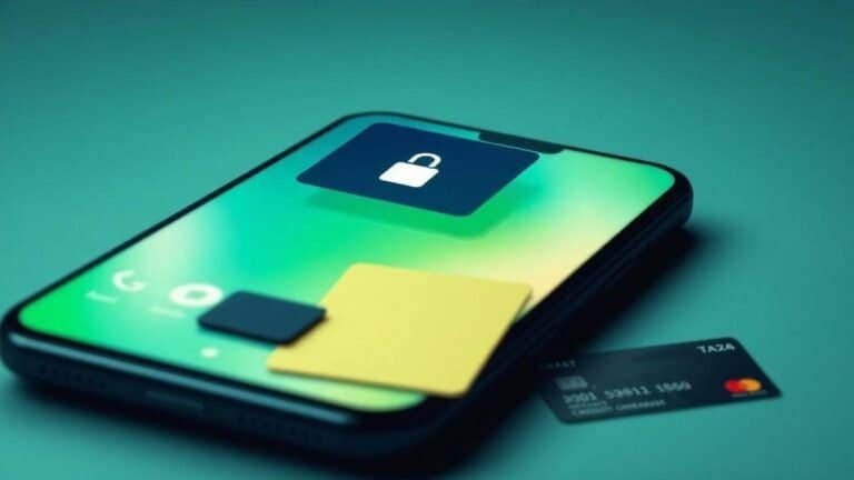 Smartphone com aplicativos de segurança e cartão de crédito na tela, tecnologia móvel moderna.
