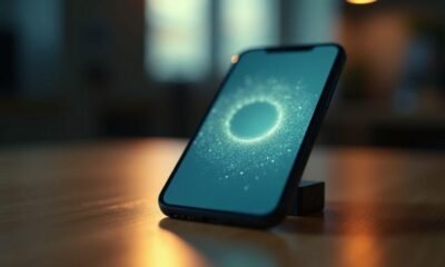 Smartphone com tela digital brilhante em ambiente interno iluminado.