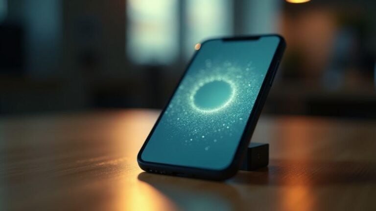 Smartphone com tela digital brilhante em ambiente interno iluminado.