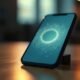 Smartphone com tela digital brilhante em ambiente interno iluminado.