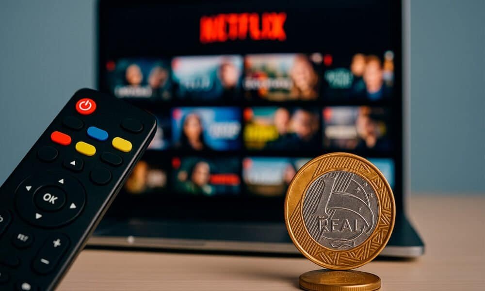 Netflix na TV com controle remoto e moeda de 1 real sobre mesa.