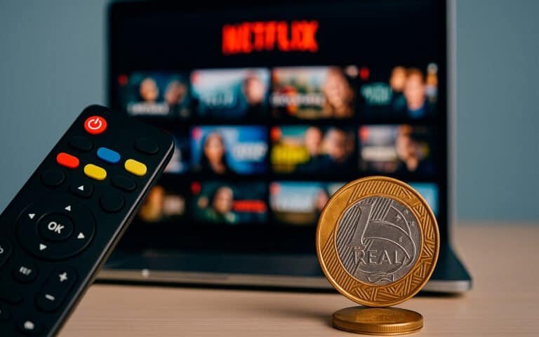 Netflix na TV com controle remoto e moeda de 1 real sobre mesa.
