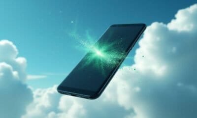 Smartphone sendo lançado ao céu com efeito de explosão de luz, tecnologia de ponta.