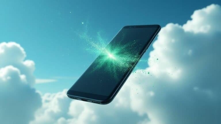 Smartphone sendo lançado ao céu com efeito de explosão de luz, tecnologia de ponta.