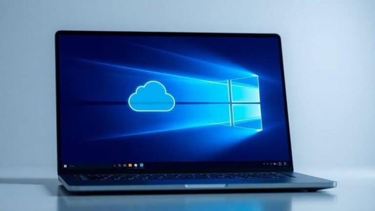 Cloud computing e tecnologia Microsoft Windows em laptop aberto com tela digital; inovação tecnológica.