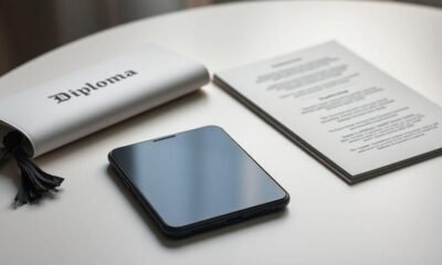 Diploma, smartphone e documentos sobre mesa de estudo.