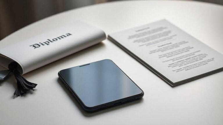 Diploma, smartphone e documentos sobre mesa de estudo.