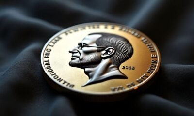 Moeda de Bitcoin com perfil de personagem histórico em fundo escuro, tecnologia financeira e criptomoedas.