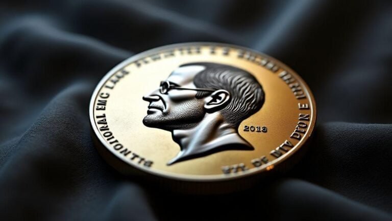 Moeda de Bitcoin com perfil de personagem histórico em fundo escuro, tecnologia financeira e criptomoedas.