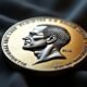 Moeda de Bitcoin com perfil de personagem histórico em fundo escuro, tecnologia financeira e criptomoedas.