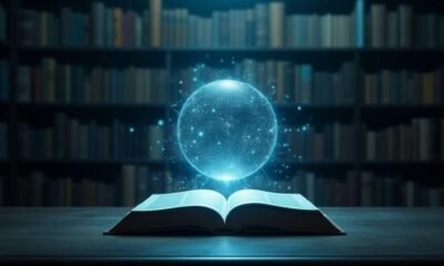 Tecnologia e conhecimento em livro com esfera de energia digital.