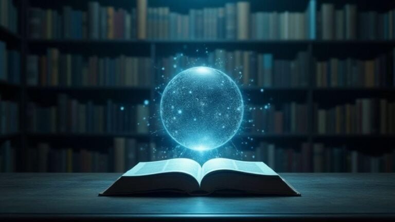 Tecnologia e conhecimento em livro com esfera de energia digital.
