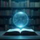 Tecnologia e conhecimento em livro com esfera de energia digital.