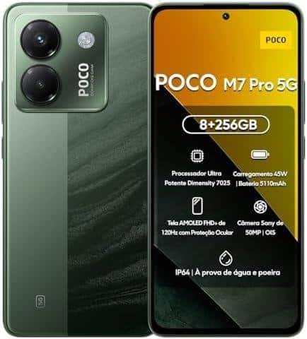 Câmera traseira do POCO M7 Pro 5G com design moderno e tecnologia avançada.