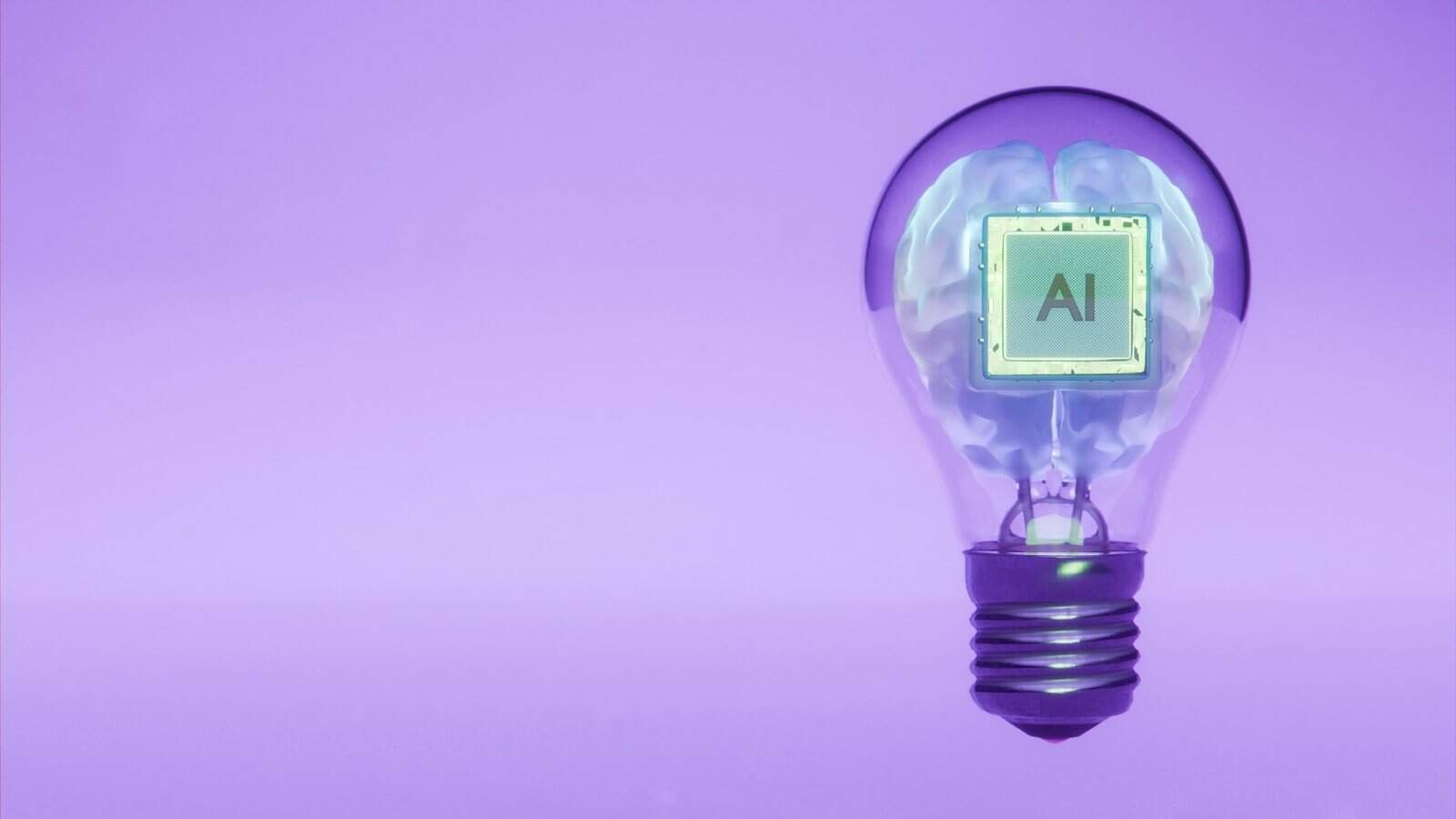 Inteligência Artificial e tecnologia em lâmpada com cérebro ilústrando inovação.