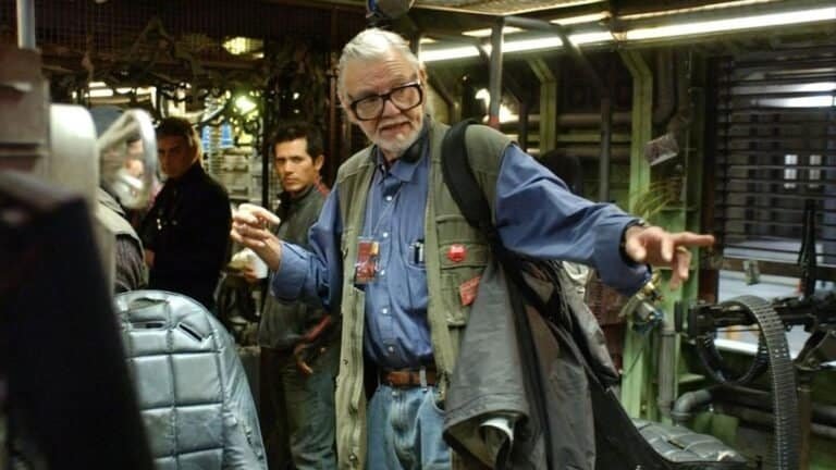 Cena de filme de tecnologia com personagens em cenário industrial.