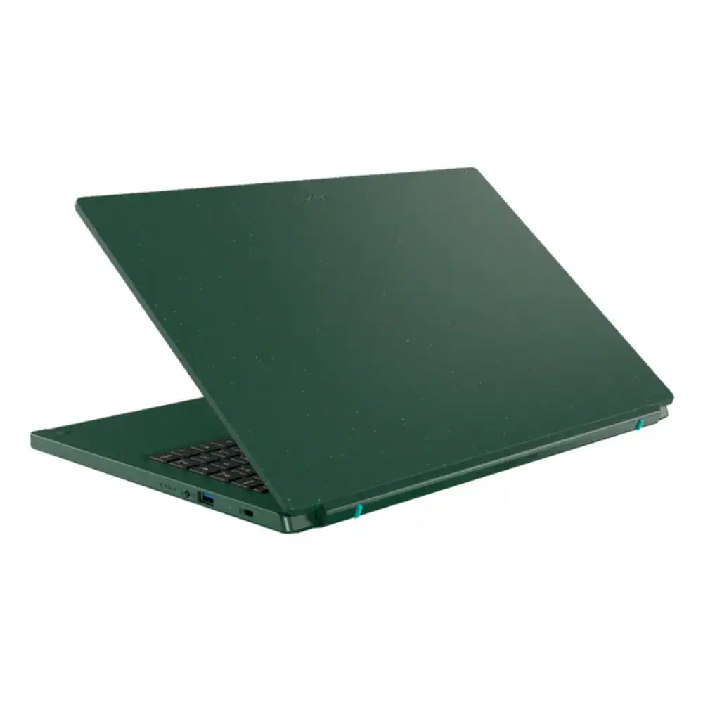 Notebook verde com tela fechada, destaque para tecnologia e inovação.