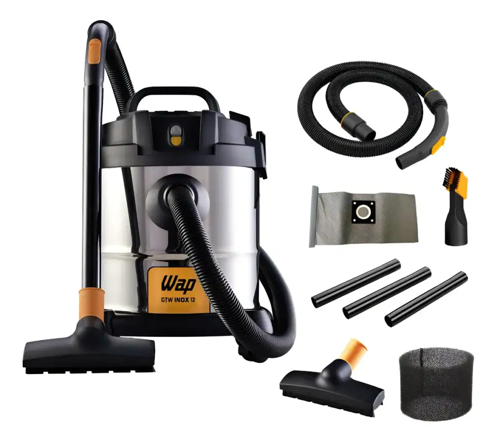 Aspirador de pó profissional com acessórios para limpeza pesada, filtro e tubos de metal.