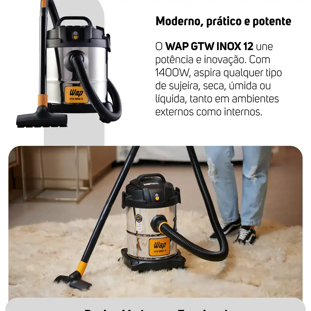 Aspirador de pó industrial Wap GTW INOX 12 em ação em ambiente residencial moderno.