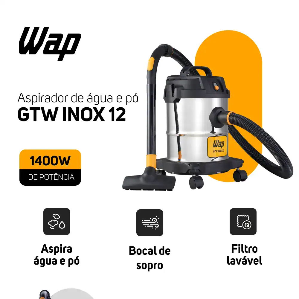 Aspirador de água e pó GTW INOX 12 com filtro lavável e alta potência.