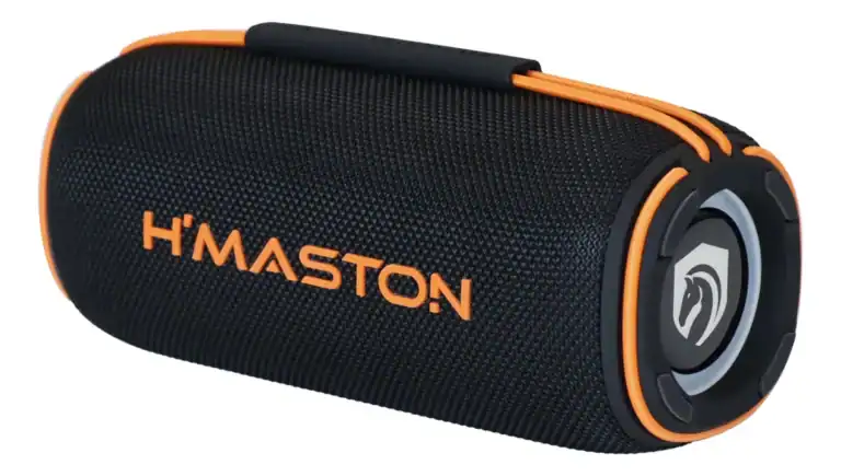 Caixa de som Bluetooth portátil com design resistente e som de alta qualidade.