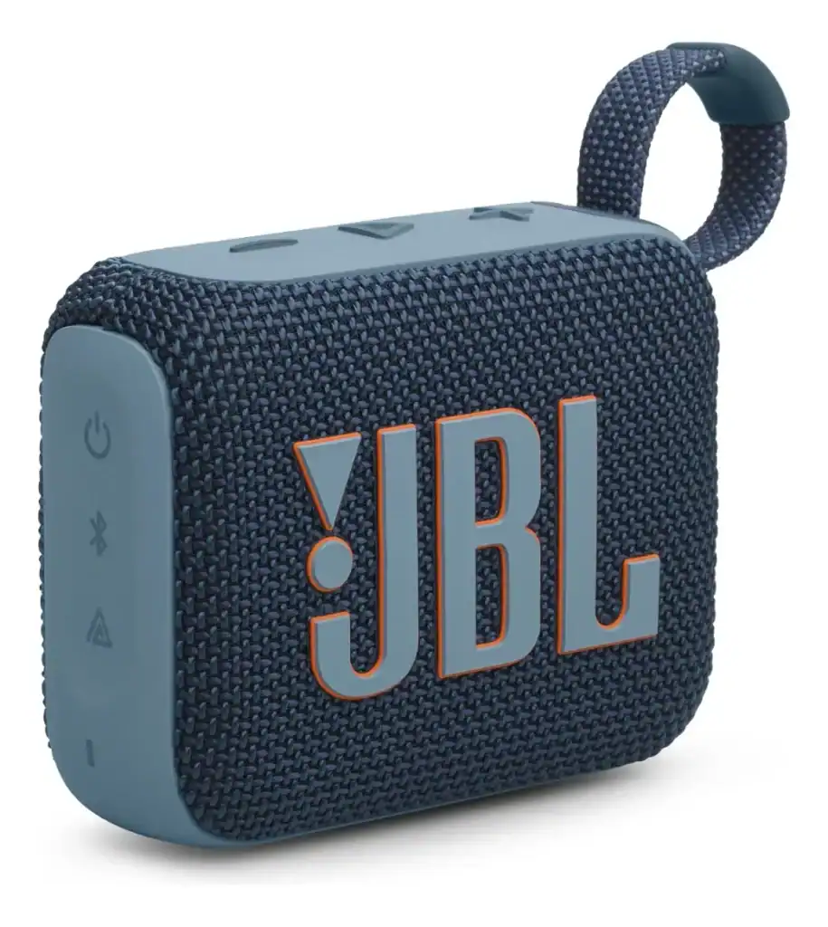 Bluetooth speaker portátil com design em tecido azul e logo JBL destacado.