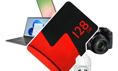 Memória SD de 128GB para armazenamento de fotos e vídeos.