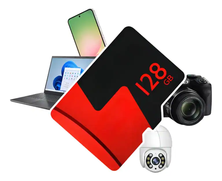 Memória SD de 128GB para armazenamento de fotos e vídeos.