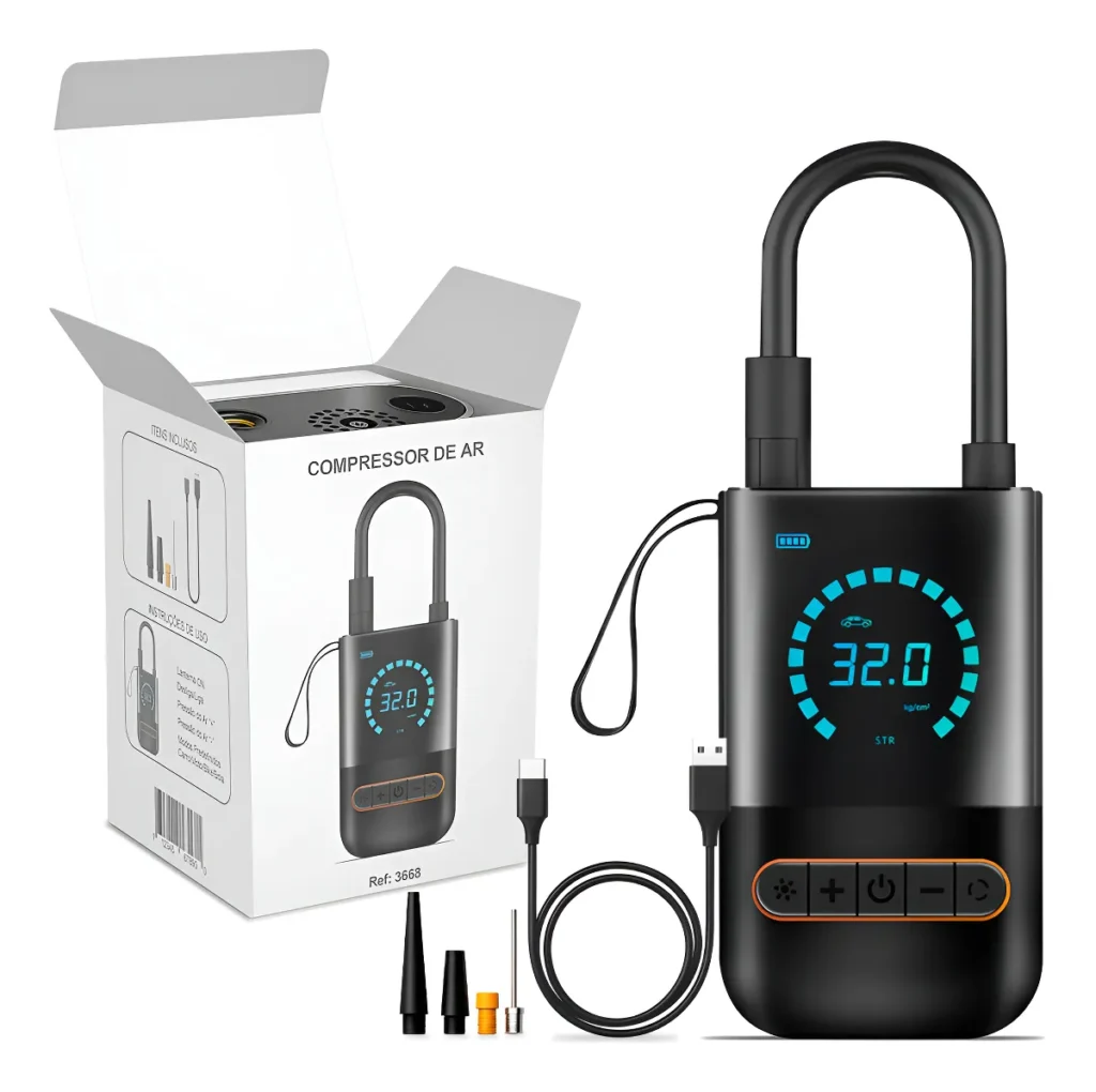 Concentrador de ar portátil com controle inteligente, visor digital e conexão USB para uso fácil.