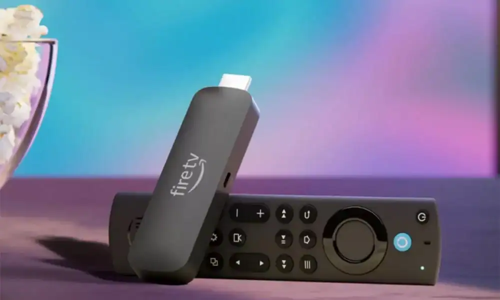 Fire TV Stick com controle remoto, dispositivo de streaming de mídia digital.
