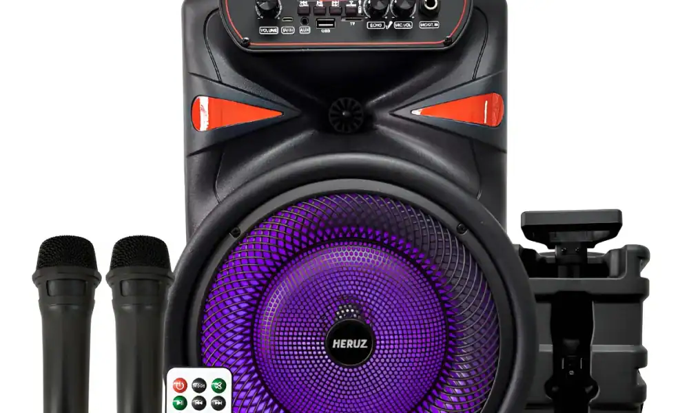 Som Bluetooth com microfones e iluminação LED roxa para eventos musicais.