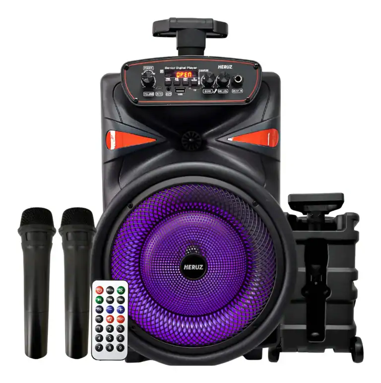 Som Bluetooth com microfones e iluminação LED roxa para eventos musicais.