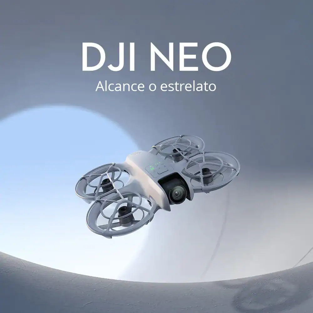 Drone DJI NEO com câmera para fotos e vídeos, tecnologia avançada e alcance elevado.