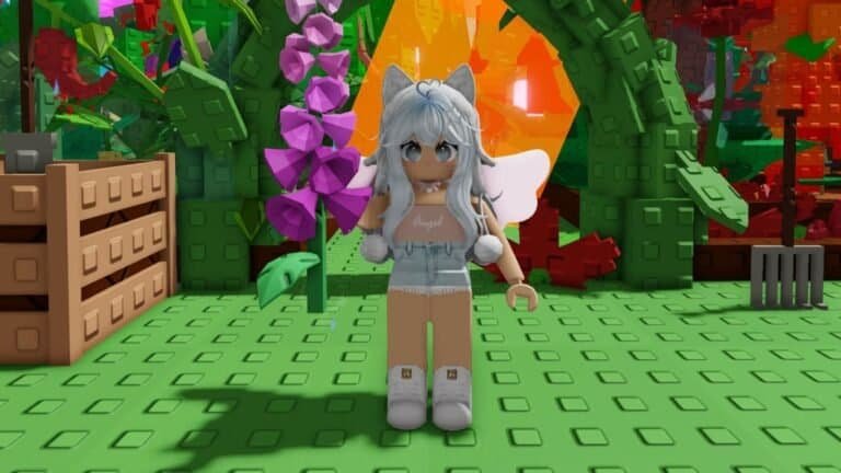 Líder em tecnologia, personagem de avatar feminino com orelhas de gato em ambiente de blocos de construção.