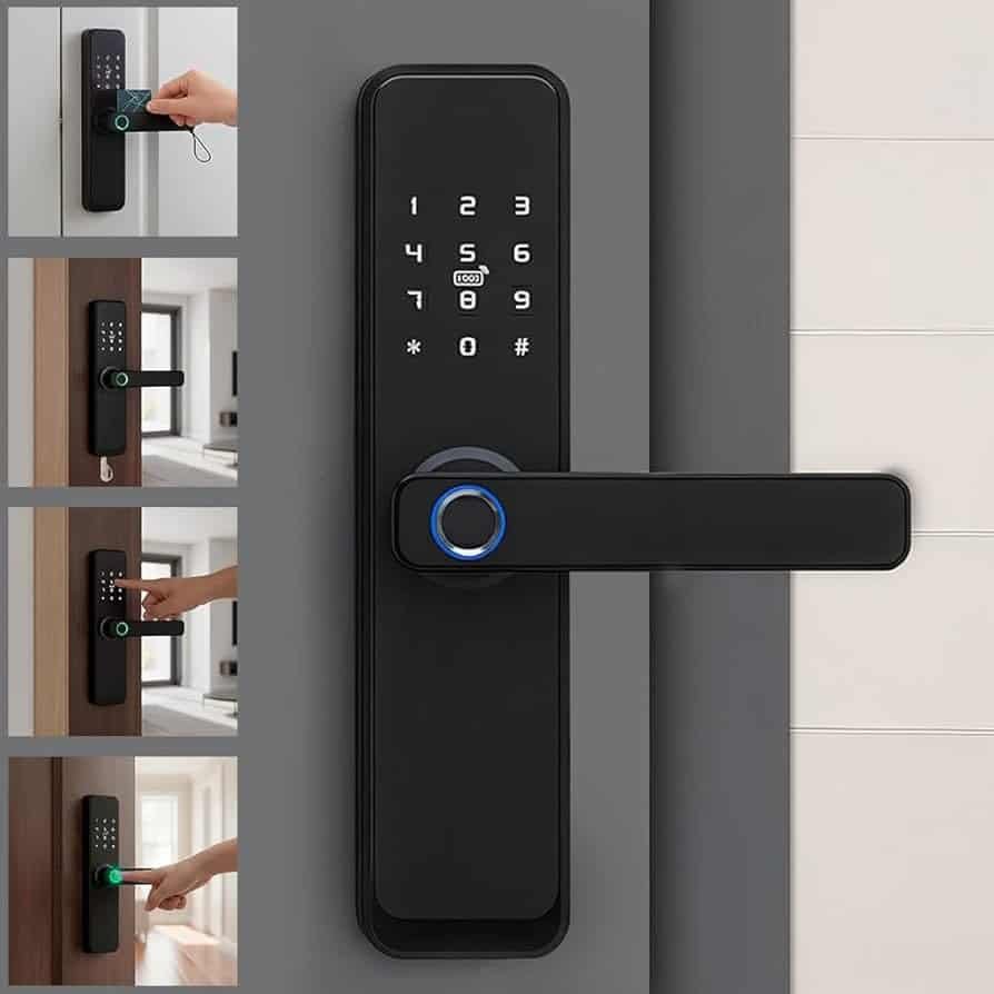 Digital lock control access via smartphone e senha, segurança e tecnologia moderna.