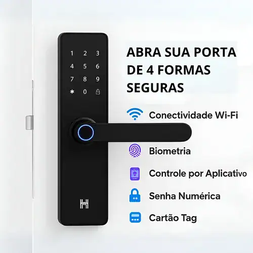 Configuração de fechadura inteligente com várias formas de segurança, como biometria e controle por aplicativo.