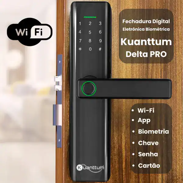 Digital lock biométrica Kuanttum Delta PRO instalação em porta de madeira.
