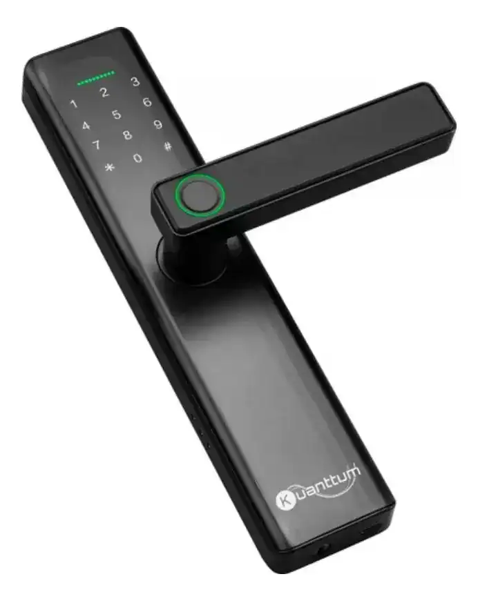 Digital door lock with keypad and biometric scanner for enhanced security.