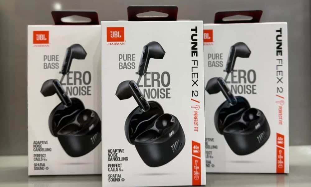 Fones de ouvido JBL Tune Flex 2 com cancelamento de ruído, ideal para música e chamadas.