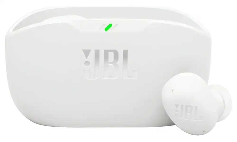 Fones de ouvido JBL com estojo de carregamento branco, tecnologia de áudio premium.