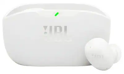Fones de ouvido JBL com estojo de carregamento branco, tecnologia de áudio premium.