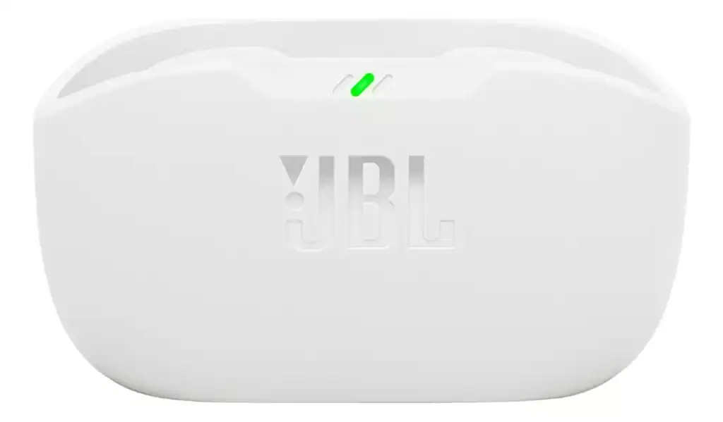 Fone de ouvido sem fio JBL com design compacto e moderno.