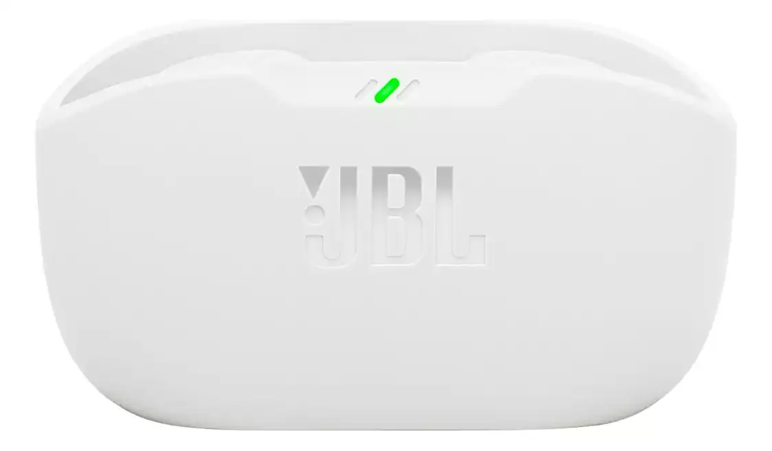 Fone de ouvido sem fio JBL com design compacto e moderno.