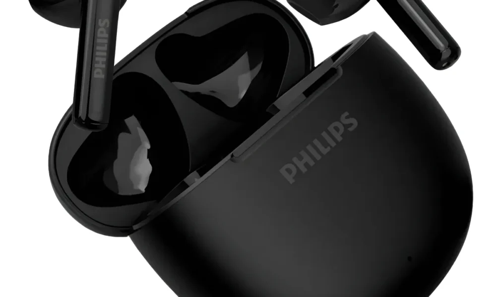 Fones Bluetooth sem fio da Philips com case de carregamento preto.