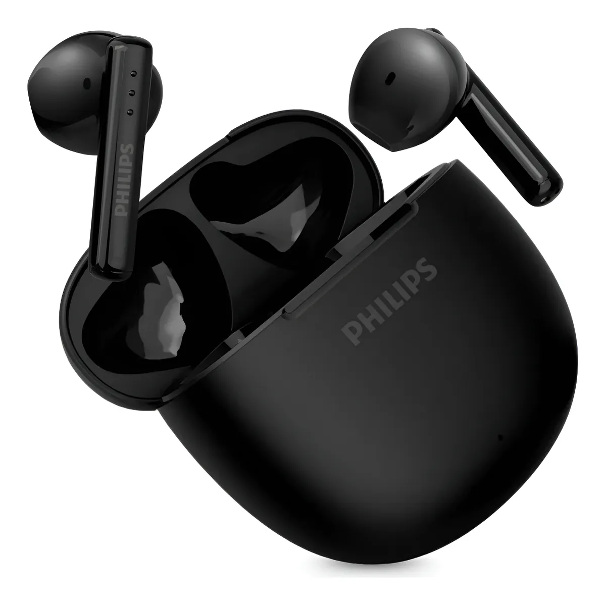 Fones Bluetooth sem fio da Philips com case de carregamento preto.