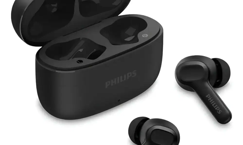Fones de ouvido wireless Philips com estojo de carregamento compacto.