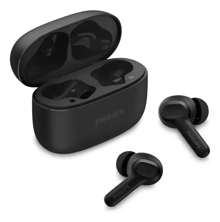 Fones de ouvido wireless Philips com estojo de carregamento compacto.