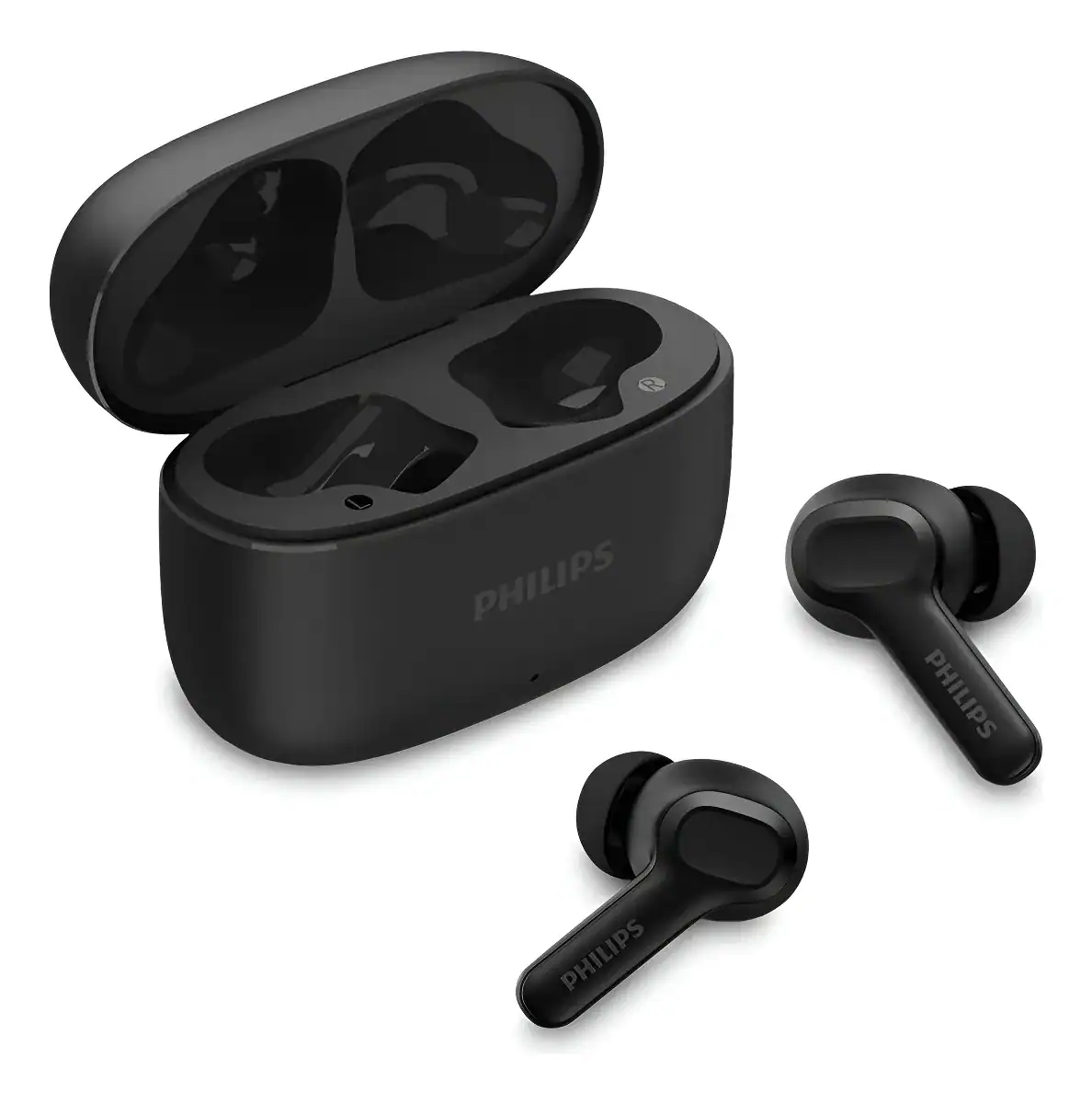 Fones de ouvido wireless Philips com estojo de carregamento compacto.